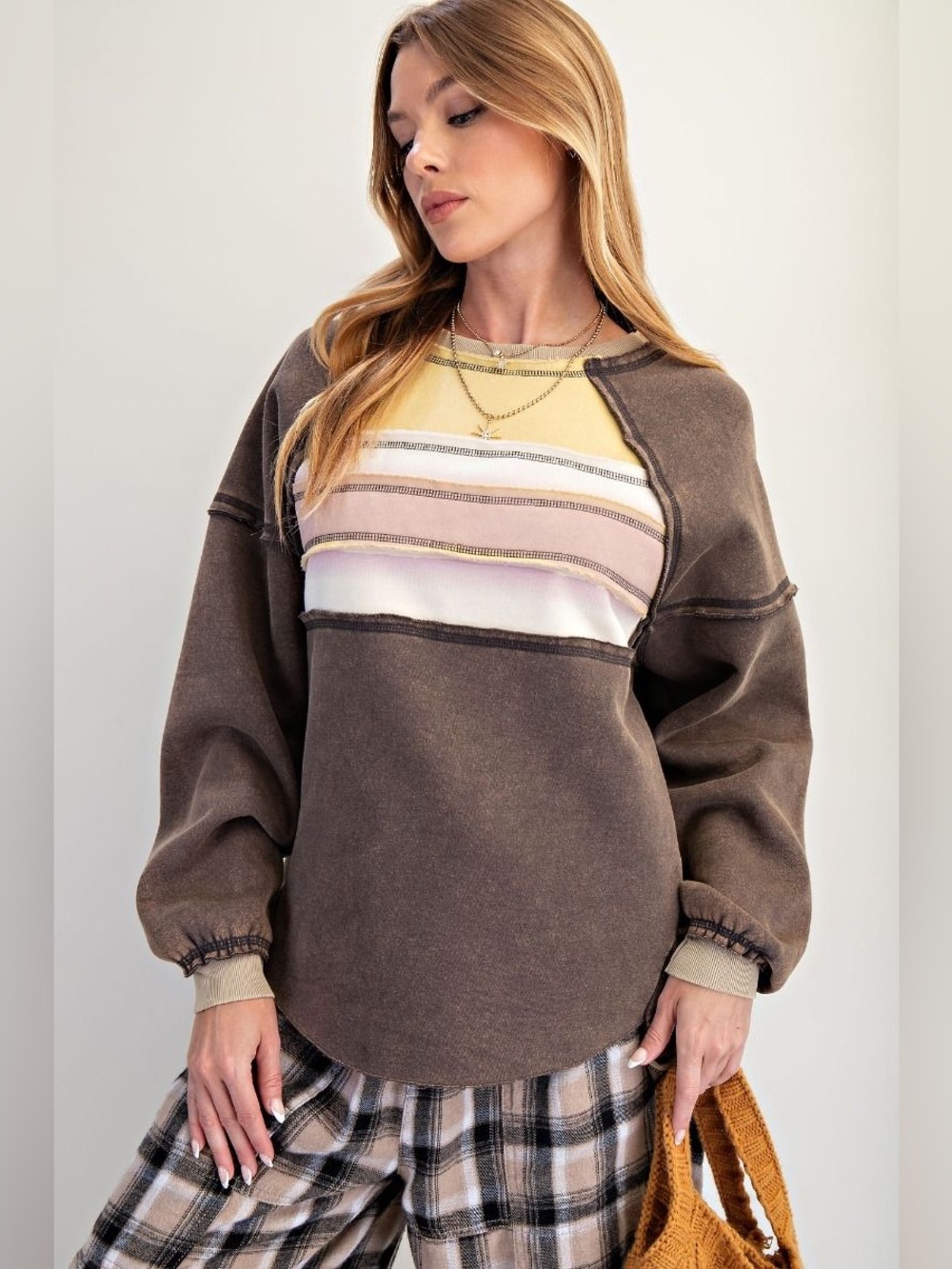easel Brown Pullover Sweatshirt with Striped Chest Panel